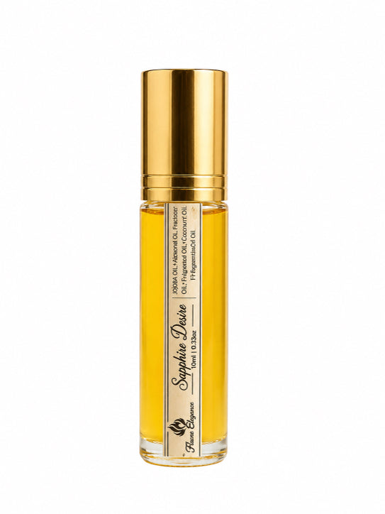 Elegant Gold and clear bottle of sapphire desire perfume with a white label on a white background by Flame Elegance