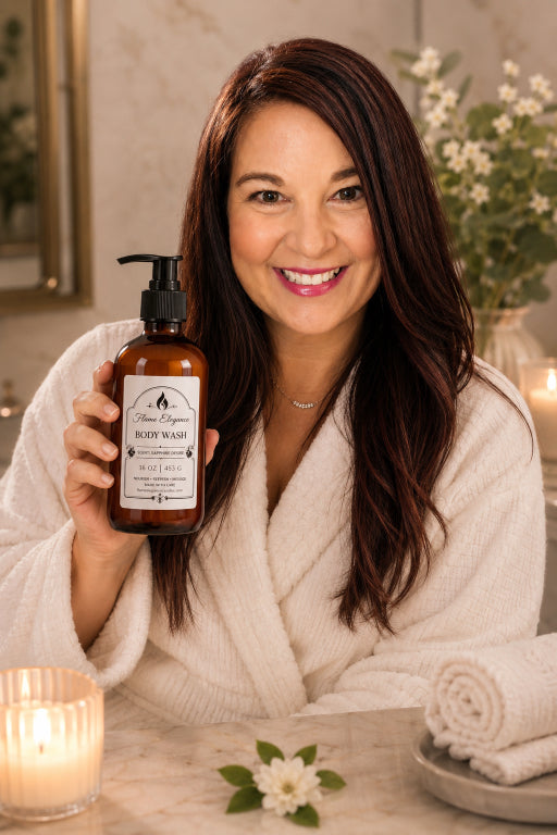 The founder of Flame Elegance  in a white bathrobe holds up a bottle of Sapphire Desire body wash in a warm, spa-like bathroom setting with candles and rolled towels.