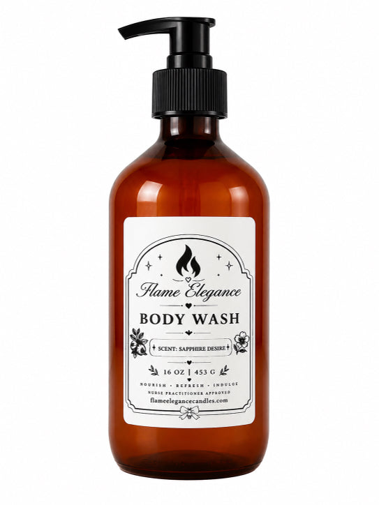An amber  pump bottle of Flame Elegance Sapphire Desire Body Wash with a black dispenser and a white label, shown on a plain white background.