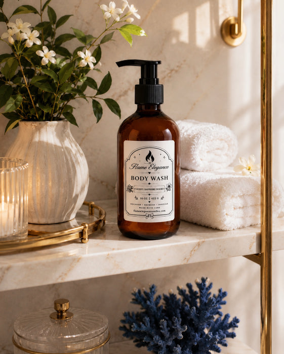 An amber  pump bottle of Flame Elegance Sapphire Desire Body Wash stands on a marble shelf beside white towels, a vase with flowers, and gold-toned decor in a bright bathroom setting.