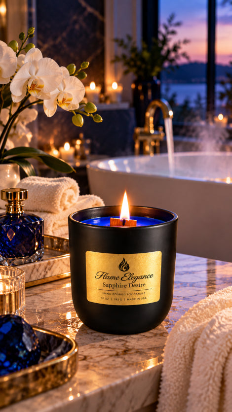A black scented candle labeled 'Flame Elegance Sapphire Desire' with a blue wax fill and lit wick, placed on a marble bathroom counter beside a bathtub, candles, flowers, and towels.