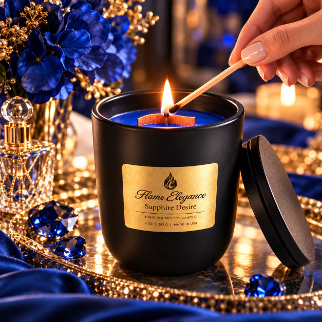 A black scented soy candle jar with a gold label reading 'Flame Elegance Sapphire Desire' is lit with a wooden match. A hand with manicured nails is visible igniting the candle, set against a luxurious background of blue flowers, a perfume bottle, and blue velvet drapery.