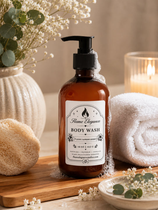 Amber glass pump bottle of Flame Elegance Sapphired Desire Body Wash with a black pump and white label, styled on a wooden board with a towel, sponge, flowers, and a lit candle in the background.