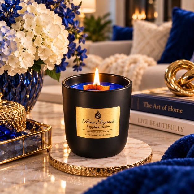 A lit black scented candle with a gold label reading 'Home Elegance Sapphire Desire' sits on a marble coaster on a polished table. The setting is a beautifully decorated living room with blue and white flowers, blue velvet textiles, and books in the background.