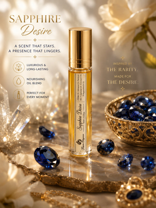 Sophisticated advertisement for  Luxury'Sapphire Desire' perfume with gold bottle, blue gemstones, and decorative elements bu Flame Elegance.