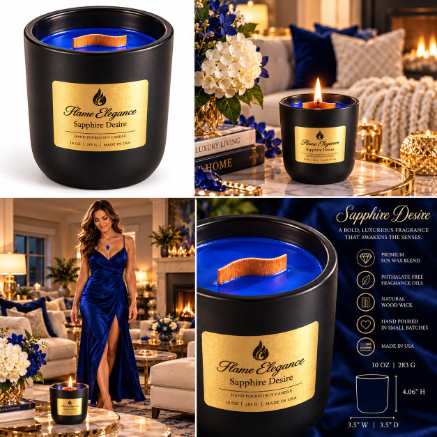 A collage showing a black scented candle in a glass jar with a gold label reading 'Flame Elegance Sapphire Desire.' The candle wax is vivid blue, and a wooden wick is visible.