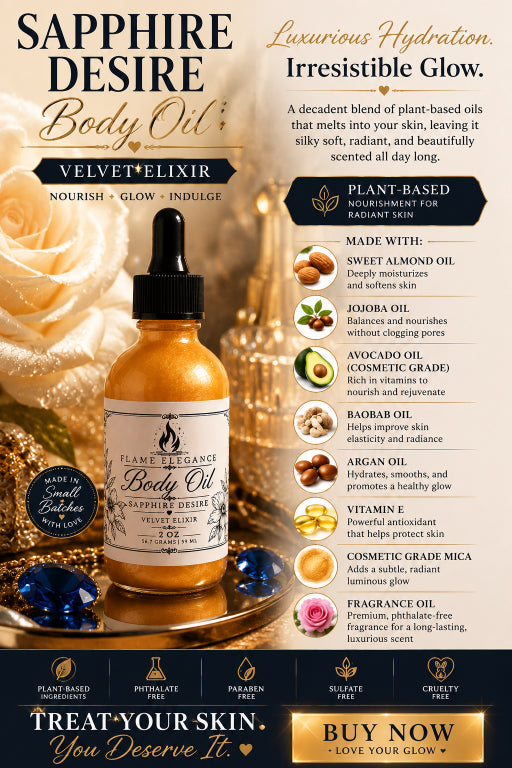 Sapphire Desire Body Oil advertisement with product image and benefits listed. by Flame Elegance.