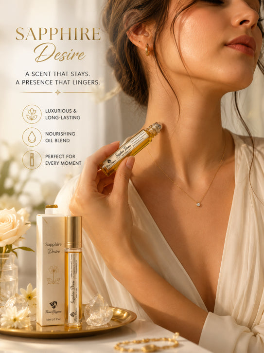 Woman holding a bottle of Luxe 'Sapphire Desire' perfume with product packaging on a table by Flame Elegance.