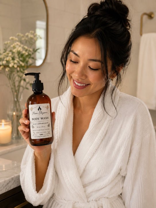 A woman in a white bathrobe holds a bottle of Flame Elegance Sapphire Desire Body Wash in a warm, softly lit bathroom setting.