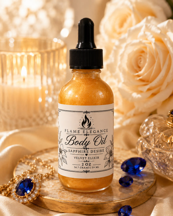 Bottle of Sapphire Desire Velvet Elixir body oil with a dropper labeled 'Flame Elegance' on a decorative surface with flowers and jewelry.
