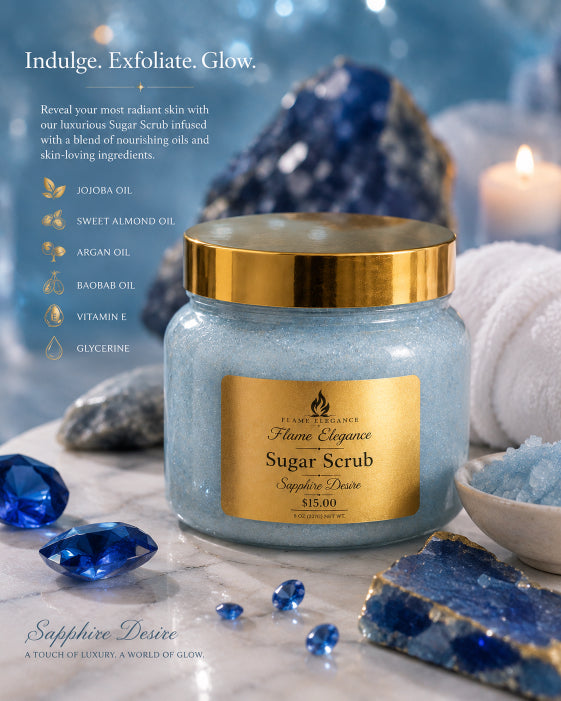 sapphire desire sugar scrub with gold lid and jar of sugar scrub sitting on a table with blue sapphires and blue background. A towel is sitting on the table too. 