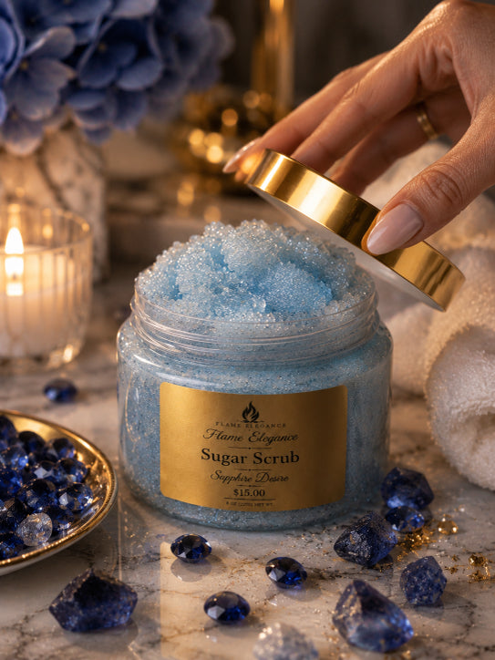 sapphire desire sugar scrub luxury by flame elegance. A hand is lifting the lid off the jar. Sapphires adorned around the jar and candle lit in the background