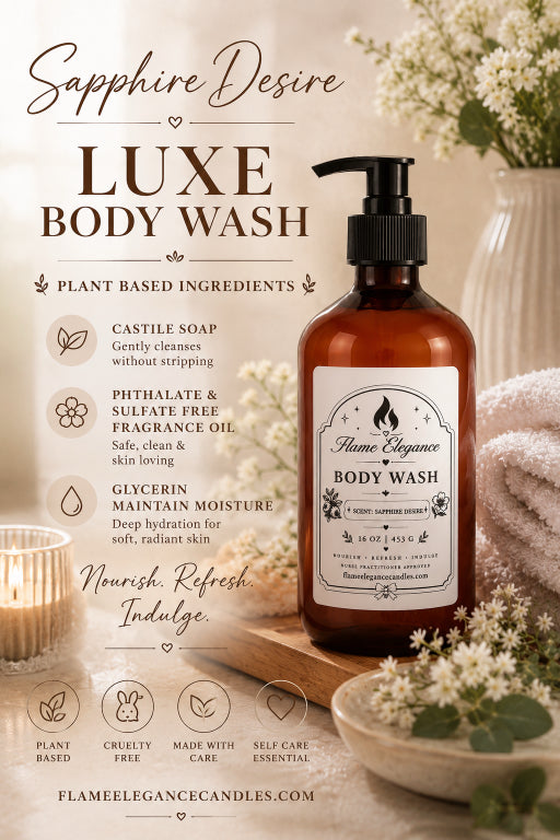 Sapphire Desire Luxe Body Wash in an amber glass pump bottle with a black pump, set against a warm, spa-like background with candles, flowers, and a towel. The left side features descriptive text highlighting plant-based ingredients and benefits.