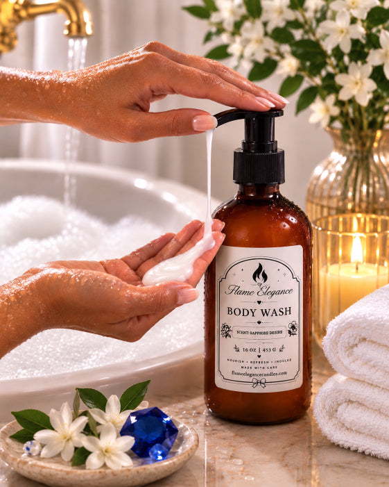 A bottle of flame elegance sapphire desire body wash with a black pump dispenser is shown on a bathroom counter, with hands dispensing foam into one cup. The scene includes a bathtub with bubbles, white flowers, a lit candle, and a folded towel.
