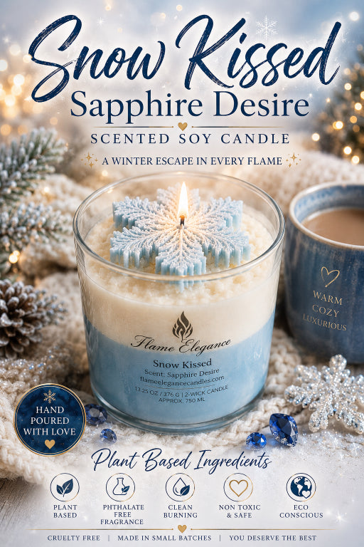 A promotional product image for a scented soy candle named 'Snow Kissed Sapphire Desire' by Flame Clarity. The main product is a glass jar candle with a light blue wax body, a white wax top, and a decorative snowflake ornament inside.