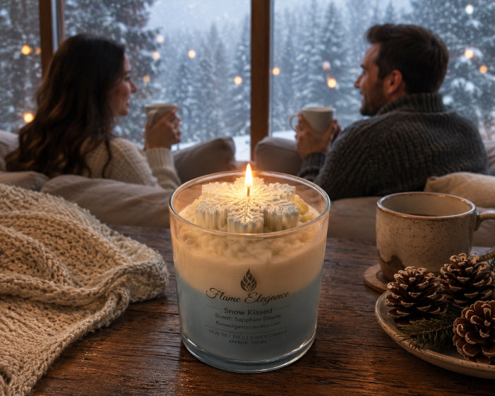 Snow Kissed soy wax candle scented with sapphire desire by Flame Elegance sitting on a table candle is lit with coffee mug and pinecones sitting next to it on a table. A man and woman are sitting in a couch in from of the candle drinking coffee watching it snow outside. 