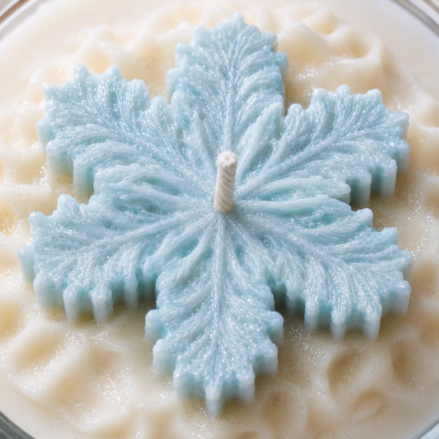 A close-up of a snowflake-shaped candle in a pale icy blue color, resting on a textured, creamy off-white wax surface by Flame Elegance. Close up Snow Kissed candle scented with Sapphire Desire