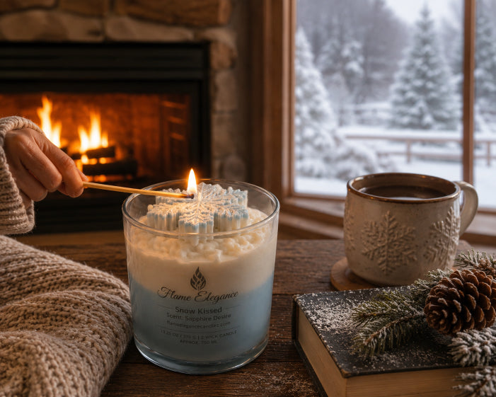 A lit scented candle in a clear glass jar sits on a rustic wooden table by a window, with a hand holding a match near the flame. A cozy beige mug, a book, pinecones, and evergreen branches are beside it, and a fireplace burns in the background.