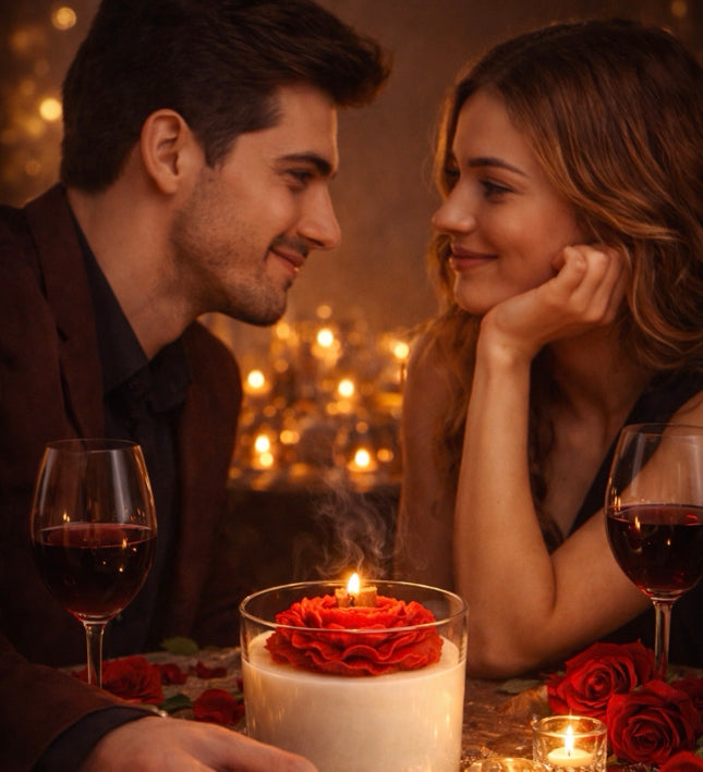 Couple sharing an intimate moment with a lit Spellbound scented candle by Flame Elegance on a table. Candle is made from soy wax and contains a sculpted peony wax embed on top of a cream soy wax base scented with love spell fragrance by Flame Elegance. 
