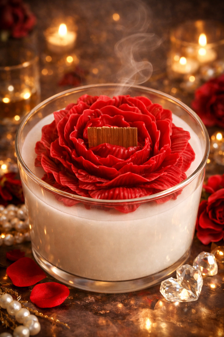 Luxury soy wax candle with large peony design and wood wick. 