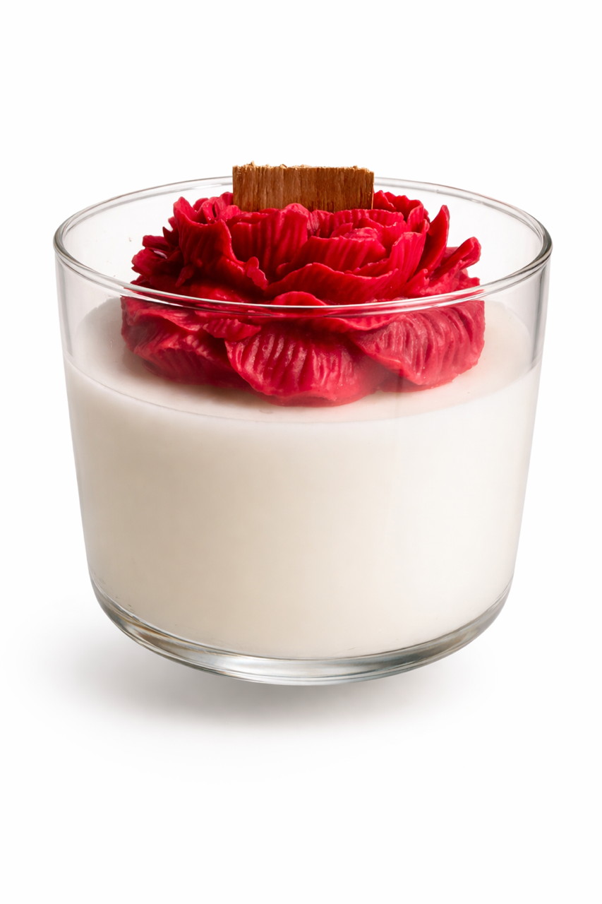 Love Spell Scented candle hand-poured in glass jar with white background. 