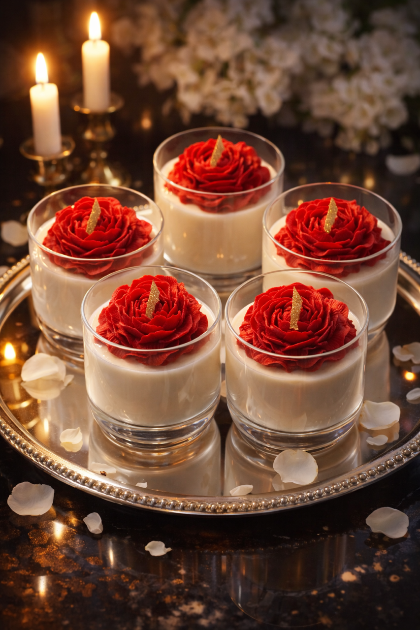 Five Spellbound candles on a silver tray, wood wicks, large romantic peony soy wax candle on top. Aesthetic home decor. 