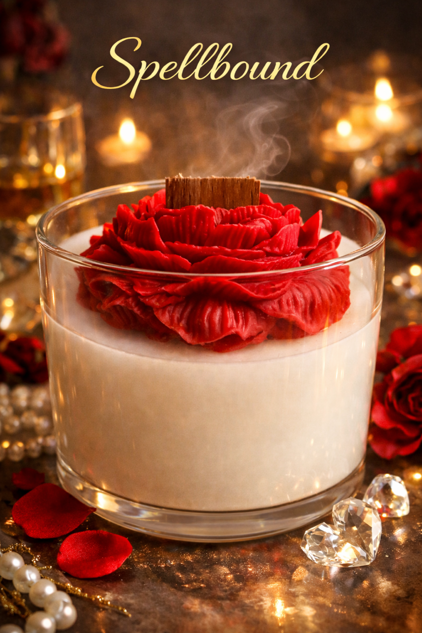 Spellbound scented candle with love spell fragrance. Contains natural wood wick and bright peony wax sculpted candle on top. Elegant petal background by Flame Elegance. 