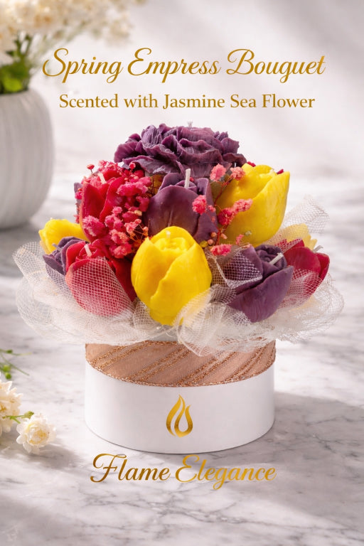 Elegant Spring Empress Candle Bouquet scented with Jasmine Sea Flower by Flame Elegance with wax tulips and florals in keepsake box. 