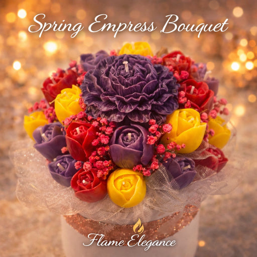 Top view of Spring Empress Bouquet candle arrangement featuring colorful soy wax tulips and florals in decorative keepsake box with elegant ribbon around the box.