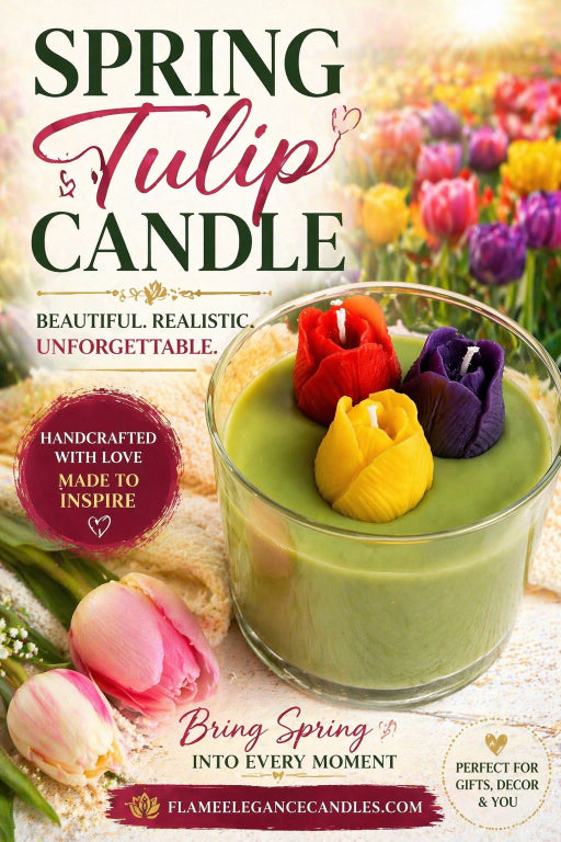 Green candle with tulip-shaped wick in a glass container, surrounded by spring flowers.
