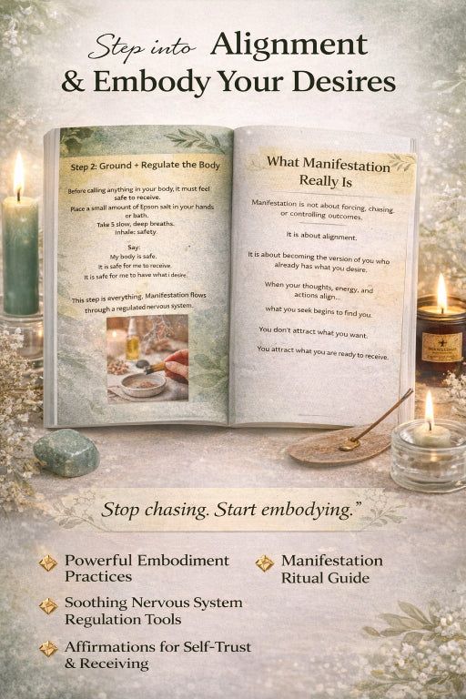 Open book titled 'What Manifestation Really Is' with candles and stones on a textured surface.