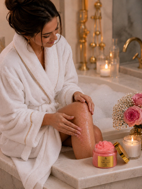 Strawberry kiss sugar scrub by Flame Elegance. Scrub is sitting on the side of the tub while a woman wearing a white robe is rubbing the sugar scrub on her leg