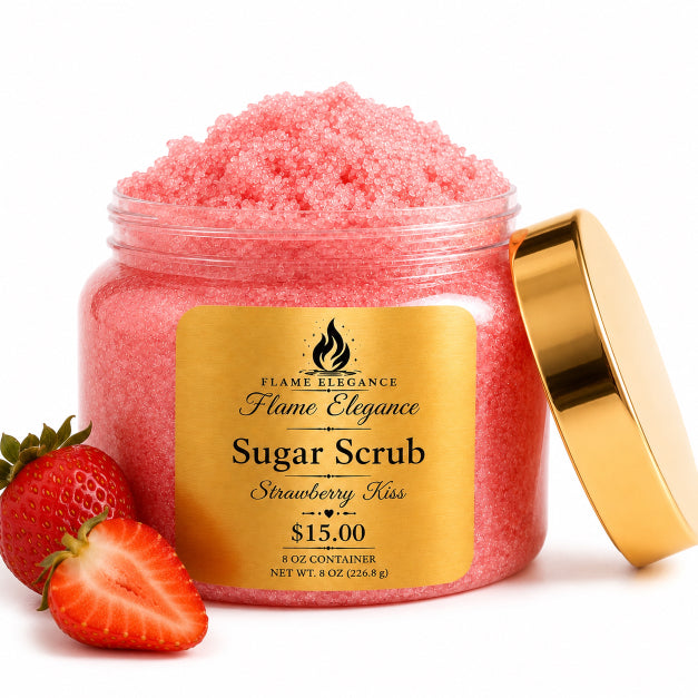 strawberry kiss luxury sugar scrub by Flame Elegance with two strawberries next to jar, gold lid propped up next to jar and all white background. 