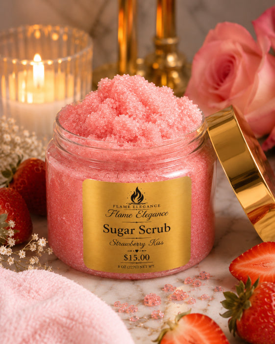 strawberry kiss luxury sugar scrub by Flame Elegance with lit candle and flower in background. 