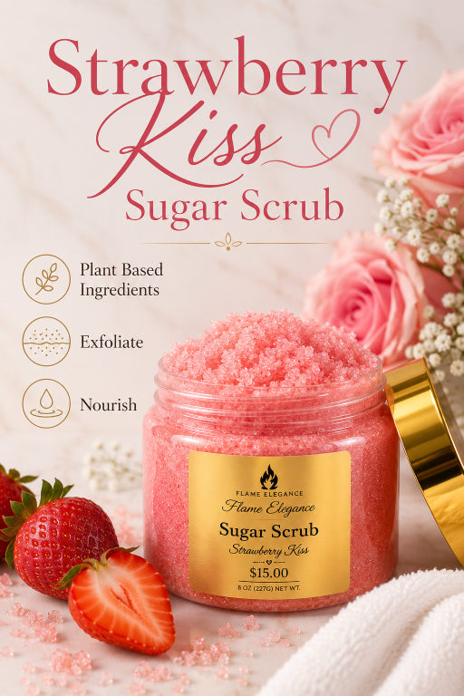 strawberry kiss nourishing sugar scrub by Flame Elegance with plant based ingredients exfoliate and nourish written on image with flowers and strawberries in the background