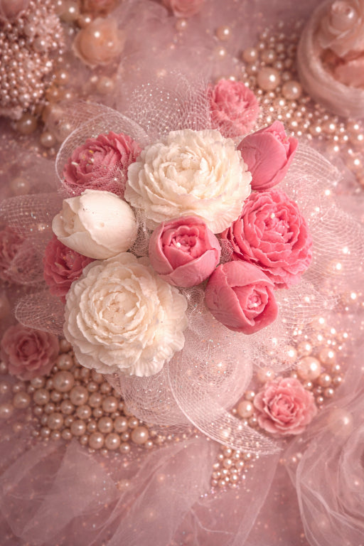 Close-up of top of handmade peony and tulip candle bouquet. Candles are in blush pink and ivory floral arrangement scented with sugar plum fragrance by flame elegance. 