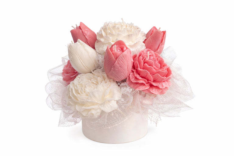 Luxury Candle floral arrangement in white keepsake box and white background. Styled in romantic feminine decor setting by Flame Elegance. 