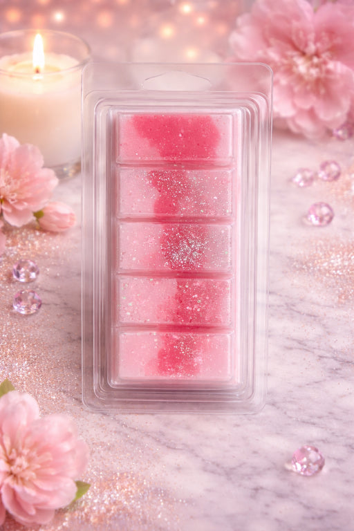 Pack of pink artistic natural soy wax melts with clamshell packaging by Flame Elegance