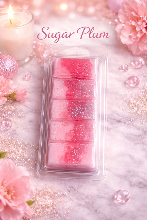 Sugar Plum Wax melt bar with pink shimmer wax by Flame Elegance