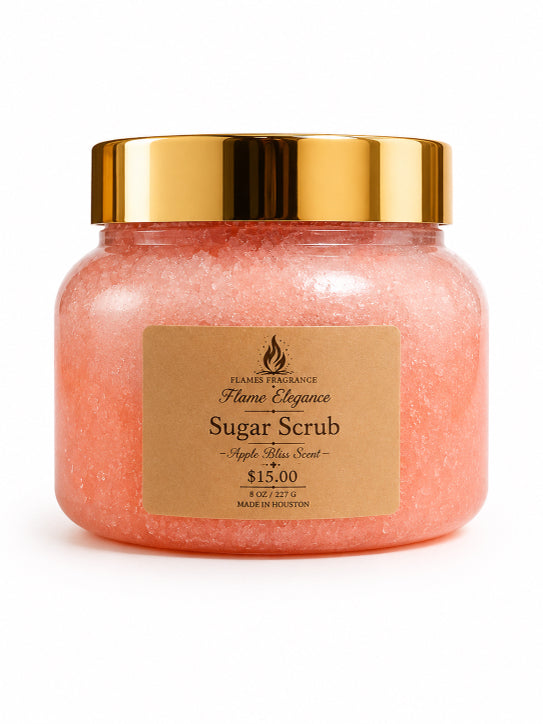 Jar of Apple Bliss sugar scrub by Flame Elegance with a gold lid on a white background