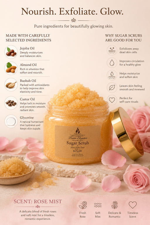 Jar of sugar scrub with ingredients of luxury oils and benefits listed on a pink background with roses by Flame Elegance