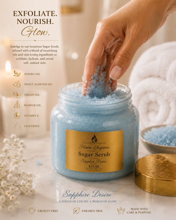 Hand dipping into a jar of Sapphire Desire sugar scrub with product details on a neutral background by Flame Elegance