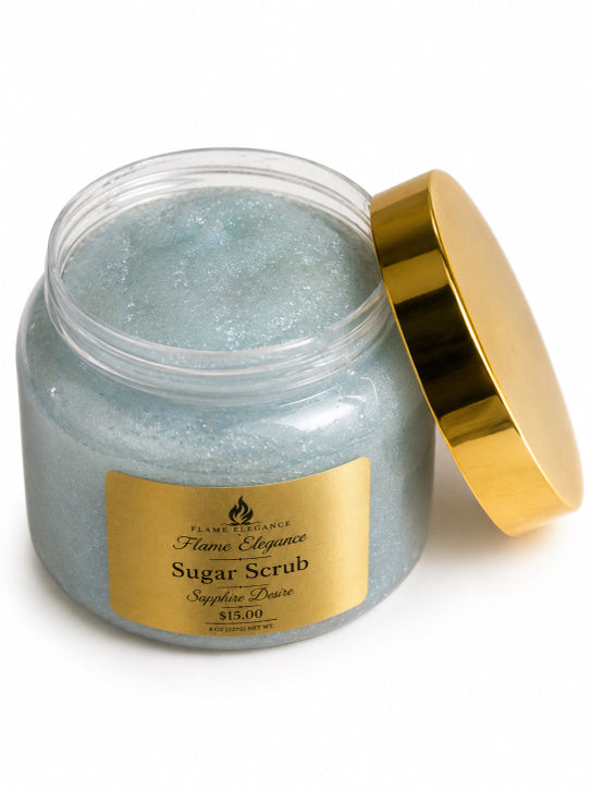 open Jar of luxurious blue sapphire desire  sugar scrub with a gold lid on a white background by flame elegance
