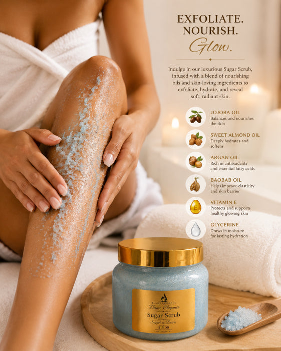 Person using blue sapphire desire sugar scrub by Flame Elegance on leg with product and ingredients displayed