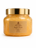 Jar of luxury sugar scrub with gold lid on a white background scented with rose mist by Flame Elegance