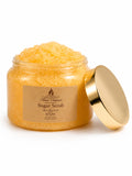Jar of luxury gold sugar scrub with a gold lid on a white background by Flame Elegance