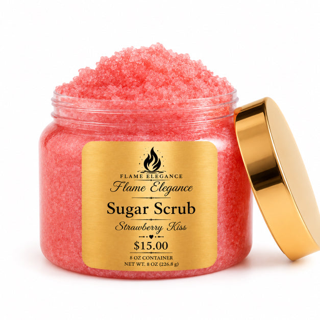 Jar of pink strawberry kiss sugar scrub by Flame Elegance with a gold label on a white background