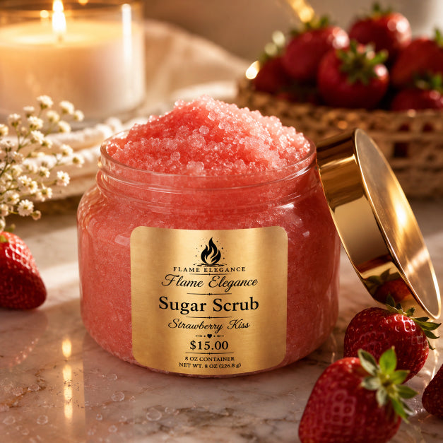 Jar of Strawberry Kiss Sugar Scrub with a gold label, surrounded by strawberries and a candle by Flame Elegance.