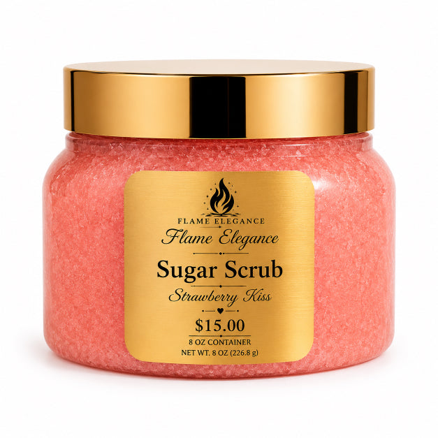 Jar of Strawberry Kiss Sugar Scrub with gold lid and label on a white  background