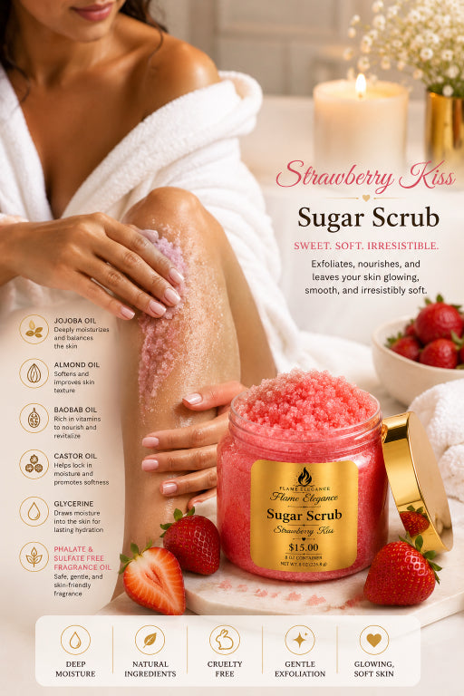 Strawberry Kiss Sugar Scrub with a woman using it on her leg, surrounded by strawberries and candles by Flame Elegance